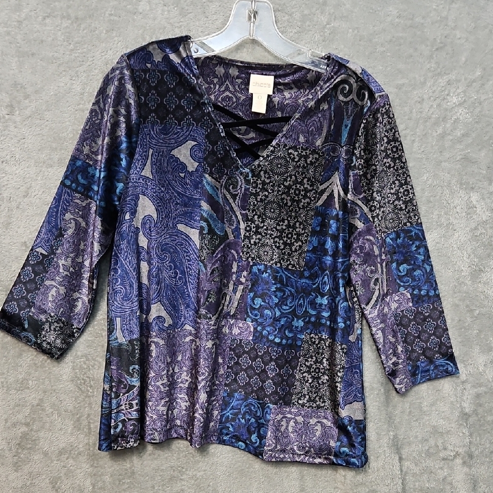 Chico's Women's Sz S Black and Purple Paisley Patterned Blouse